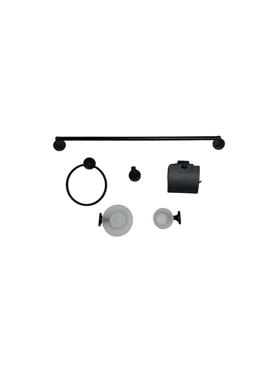 Set de accesorios metálicos para baño en acabado negro mate: toallero, argolla, gancho, portarrollos y portavasos — Pacific Group
