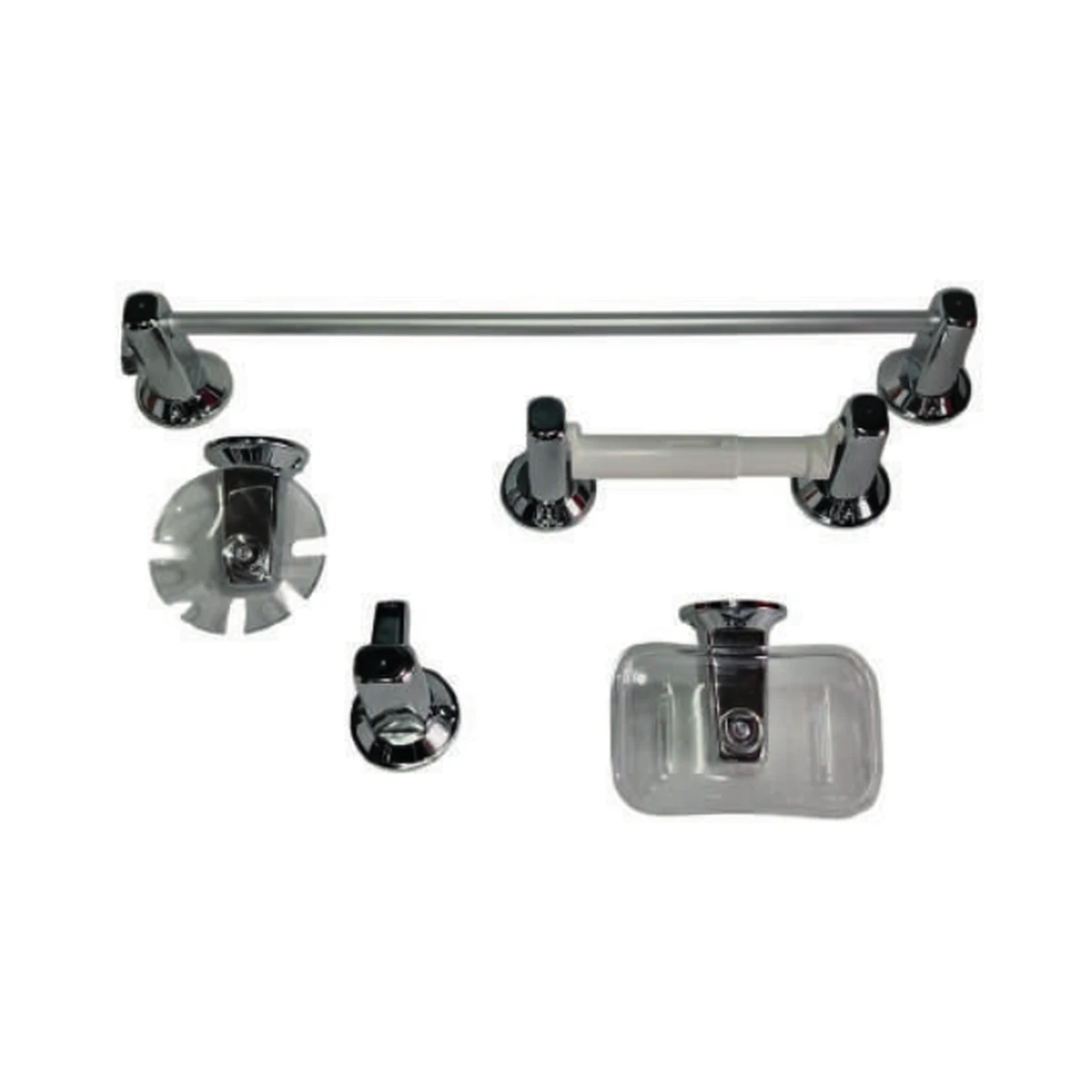 Set de accesorios plásticos para baño en acabado cromado: toallero, portarrollos, jabonera, argolla y gancho — Pacific Group