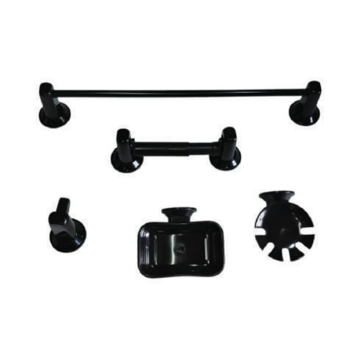 Set de accesorios plásticos para baño en acabado negro: portarrollos, gancho y jabonera — Pacific Group