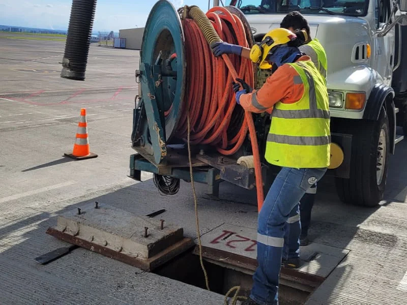 Operario de Pacific Group ejecutando limpieza de red de alcantarillado con camión hidrosuccionador