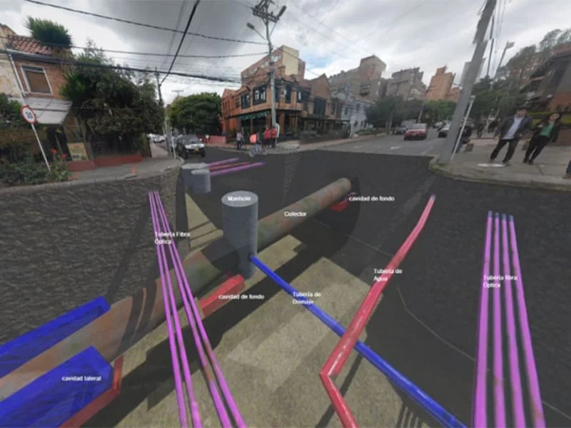 Visualización 3D del mapeo subterráneo de redes hidráulicas y de servicios sobre una vía urbana en Colombia
