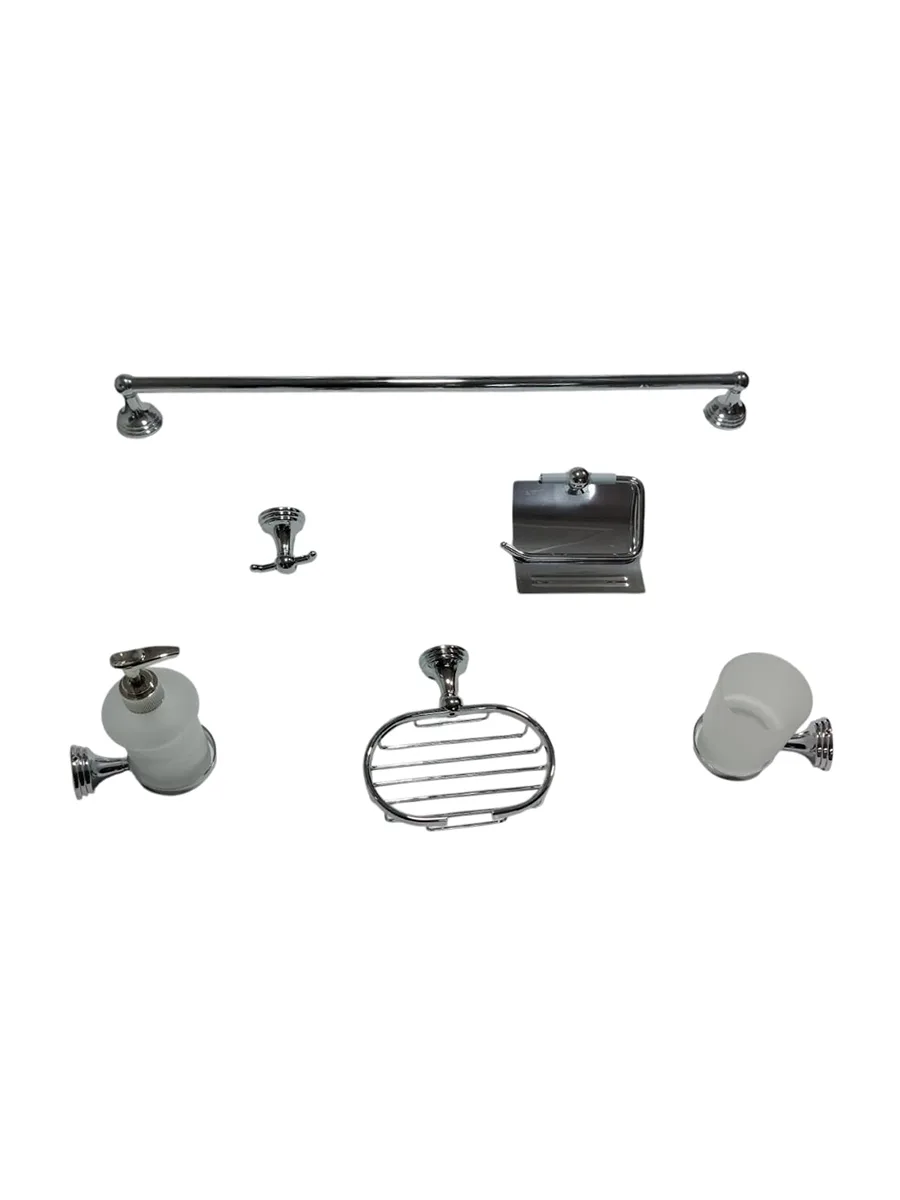 Set de accesorios metálicos para baño en acabado cromado: toallero, gancho, portarrollos, portavaso y jabonera — Pacific Group